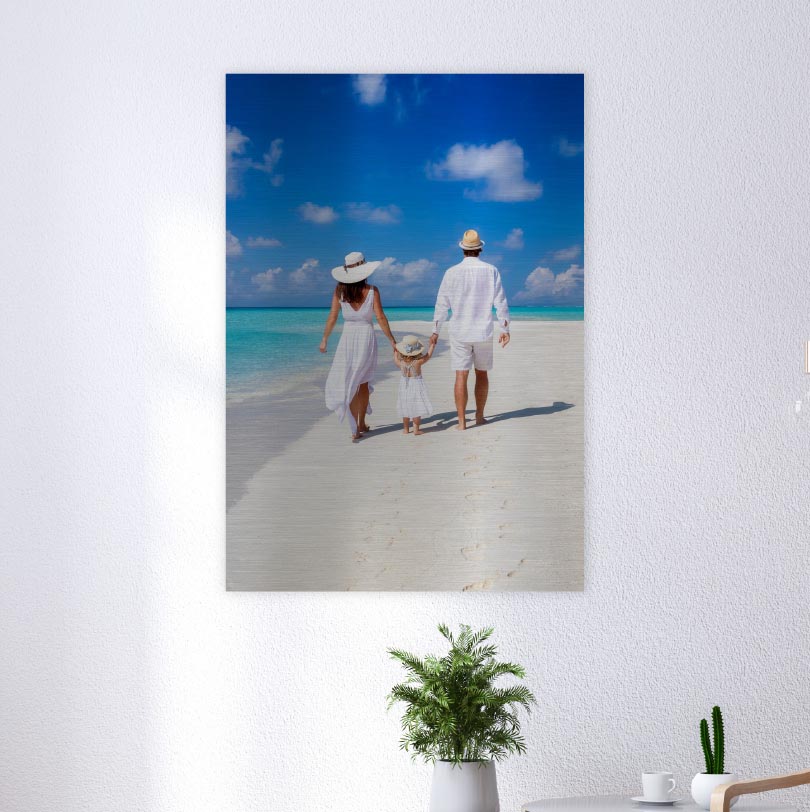 700x500mm brushed silver aluminium print with photo of couple and daughter walking on beach together