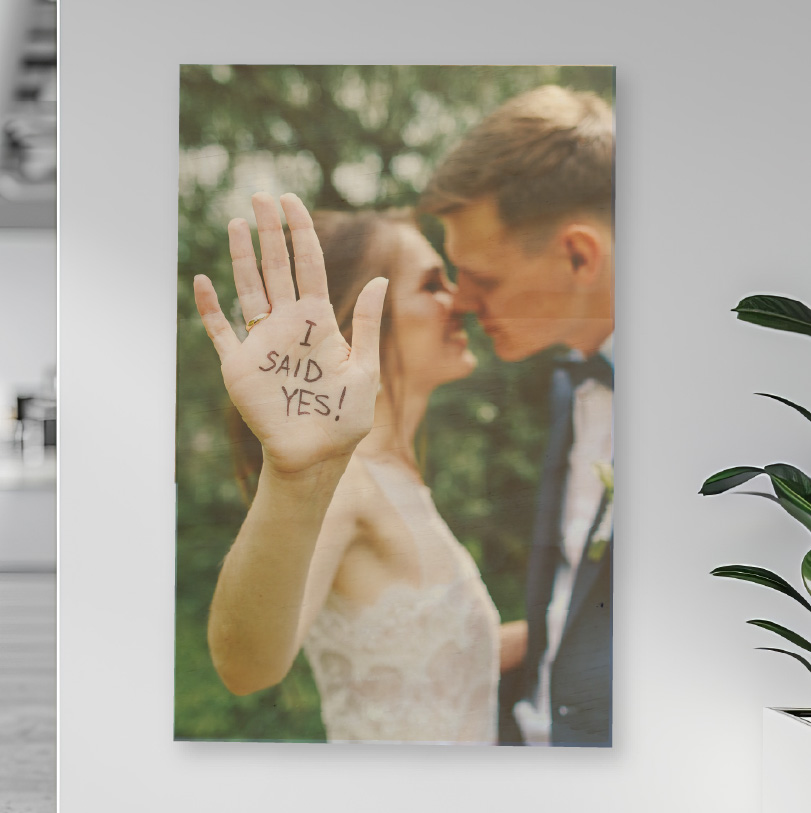 800x600mm birch wood photo print showing engagement proposal couple celebrating marriage engagement moment on natural wooden panel