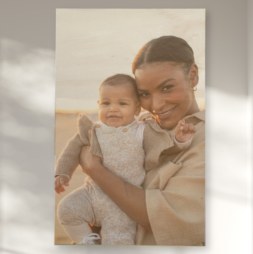 900x600mm birch wood photo print showing mother and baby daughter on natural wooden panel