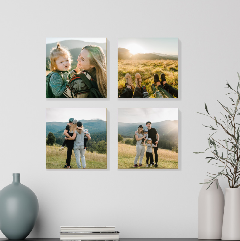 Photoblock set of 4 x 250x250mm with various family photos for personalised collage wall art display