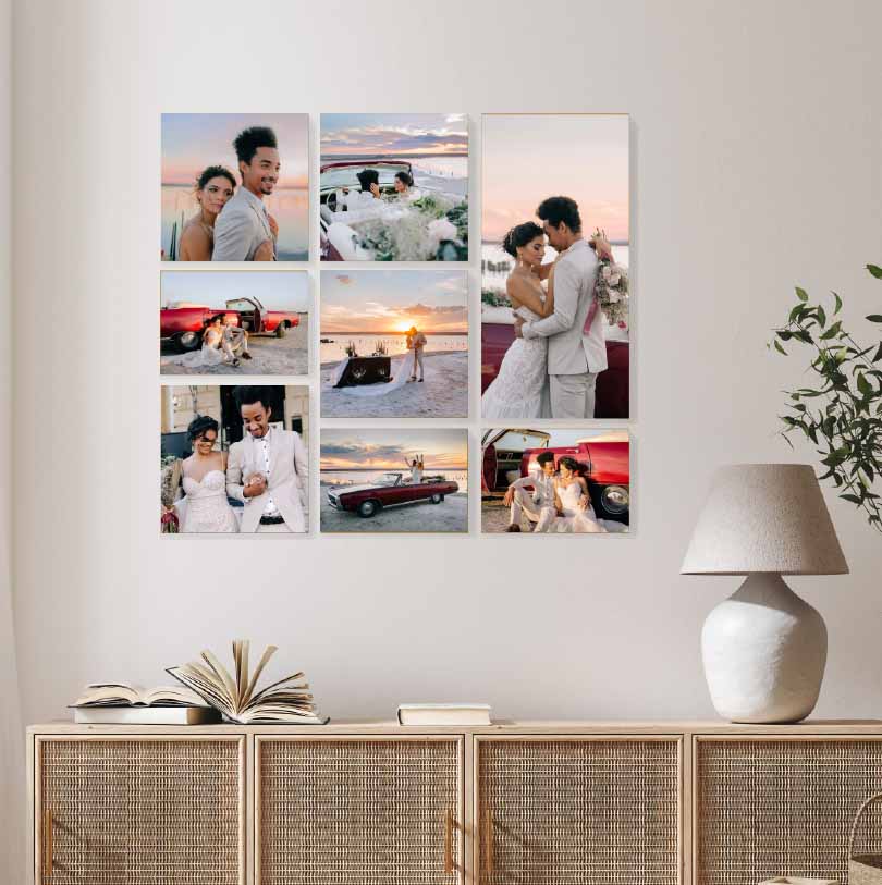 Photoblock set of 8 multi-size blocks displaying wedding photos of a happy couple in a stylish wall arrangement.
