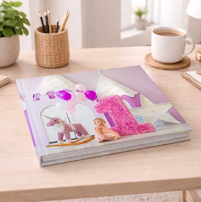 200x200 lay-flat personalised hardcover photobook with photographic print finish and flat opening panoramic spread