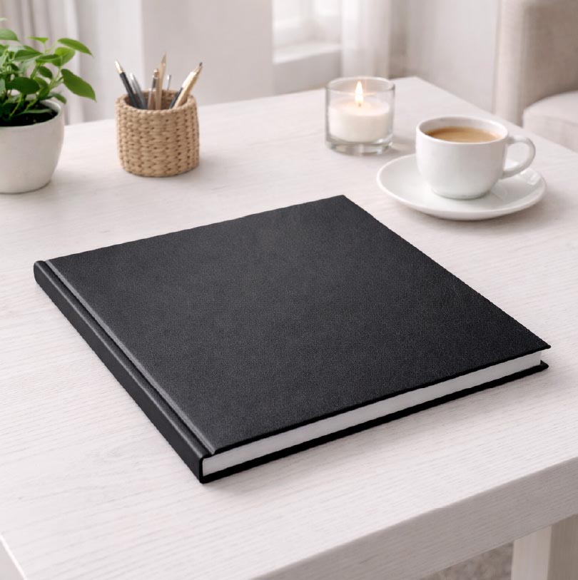 200x200mm lay-flat standard hardcover photobook with flat opening pages and panoramic spread design