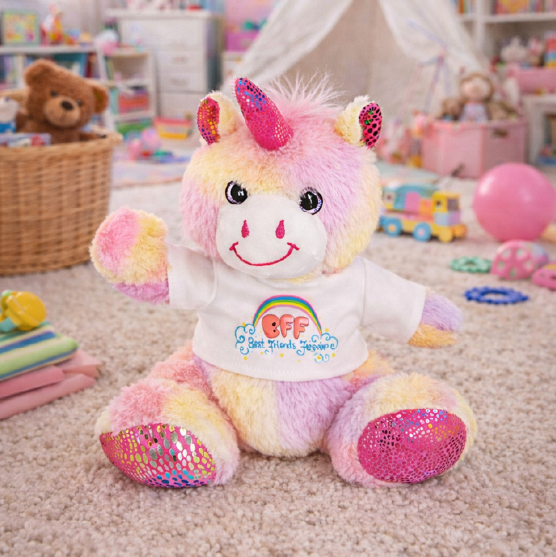 Unicorn teddy bear wearing a mini shirt printed with the text “BFF”.