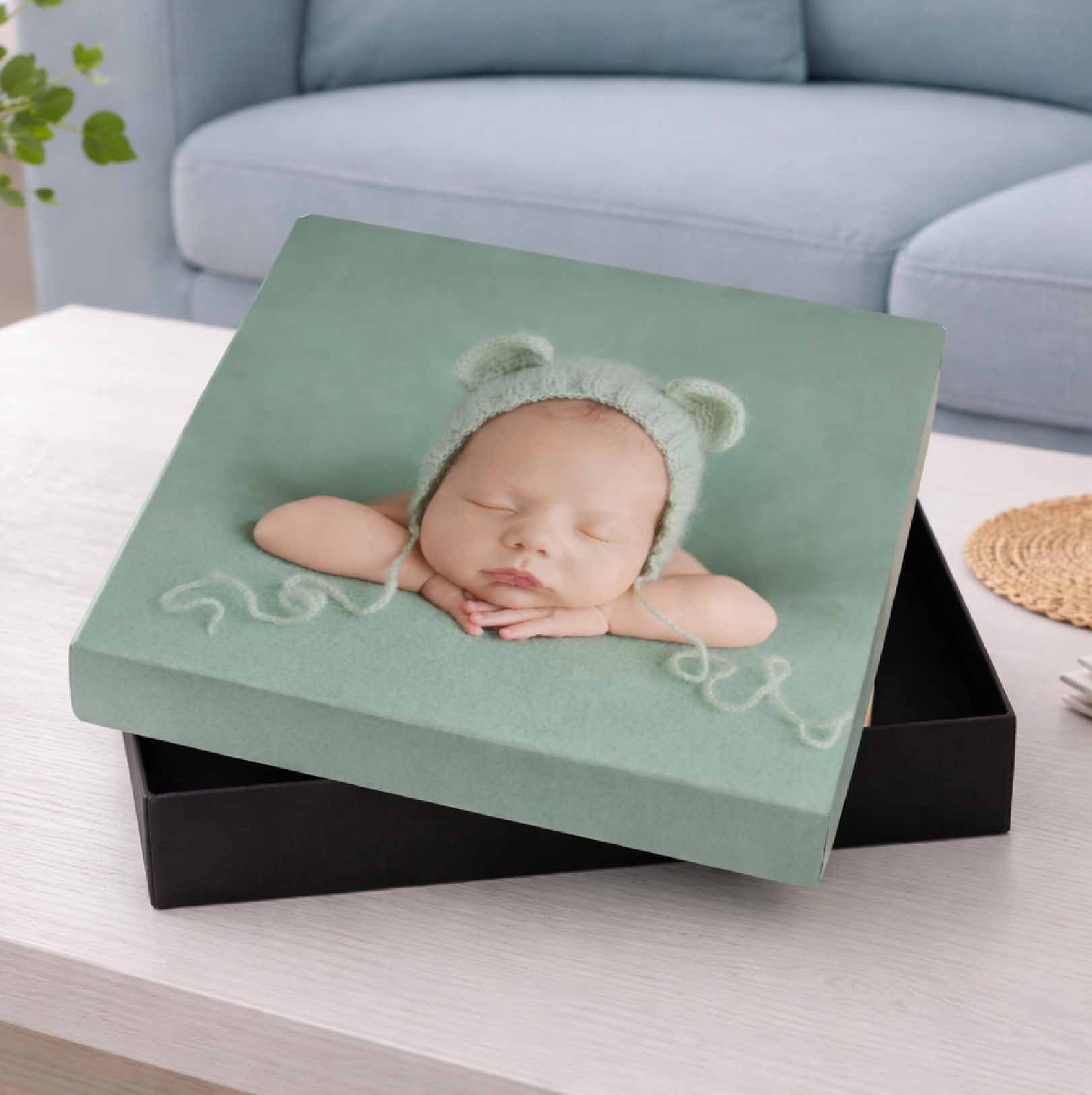 200x200mm personalised box with baby photo printed on lid for keepsakes and gifts