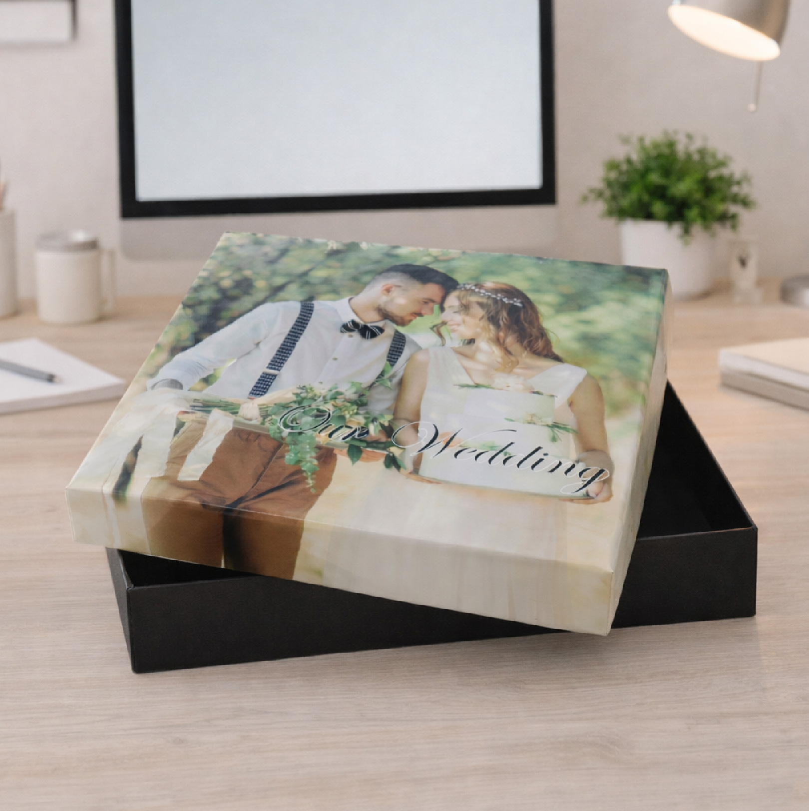 300x300mm personalised box with wedding couple photo printed on lid for wedding gifts and keepsakes