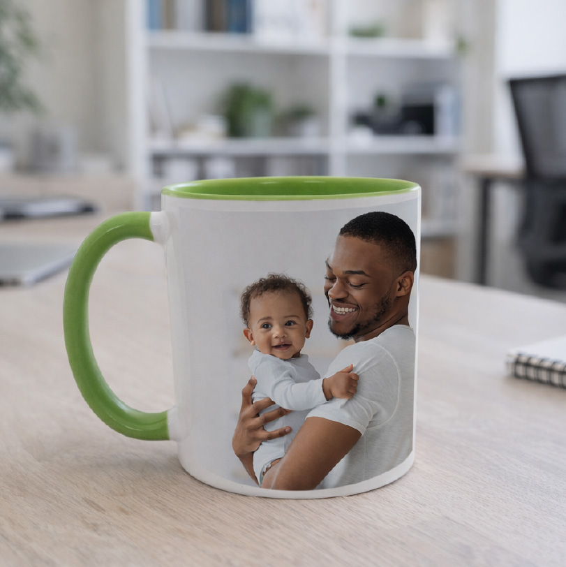Various personalised two tone ceramic mugs with custom photo prints and coloured interiors for gift and drinkware collection