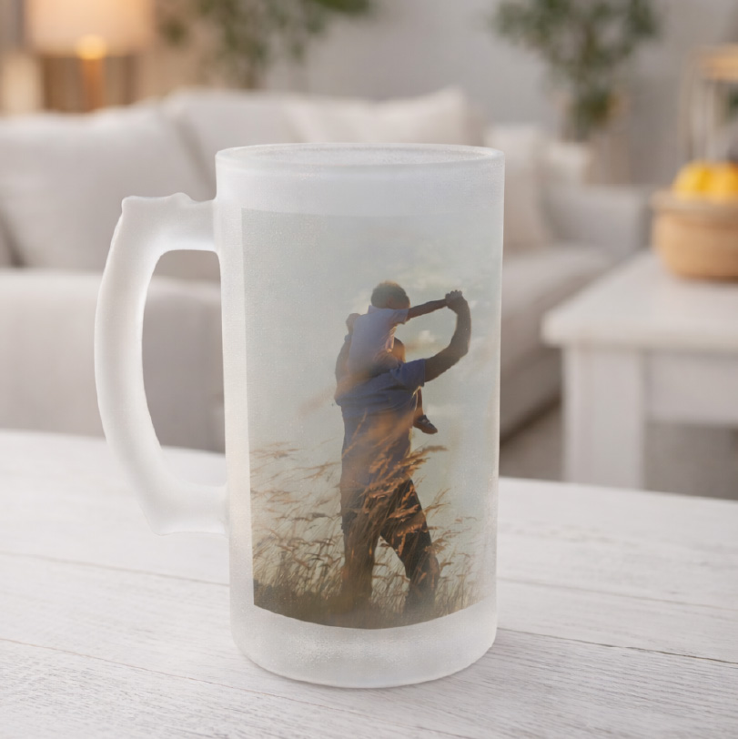 Personalised frosted beer glass with custom photo or text print for gift and celebration drinkware
