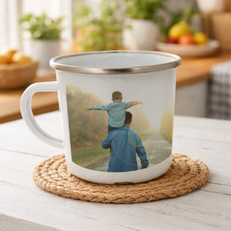 Personalised enamel mugs with custom photo printing for camping drinkware and gift collection