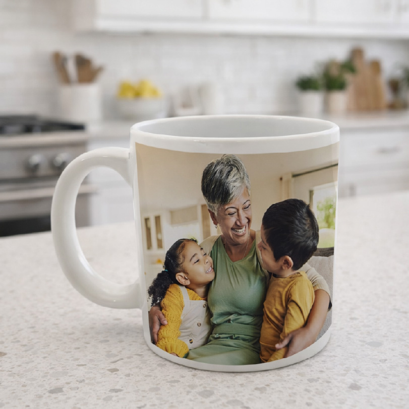 White ceramic mug with child photo printed on personalised gift drinkware