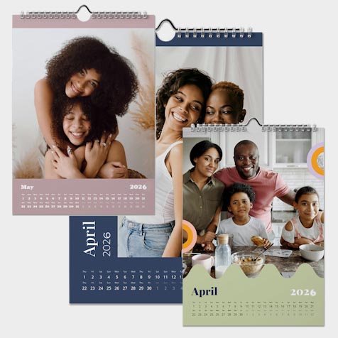 Calendar collection displaying family photos on each month, ideal for personalised photo gifts and home use.