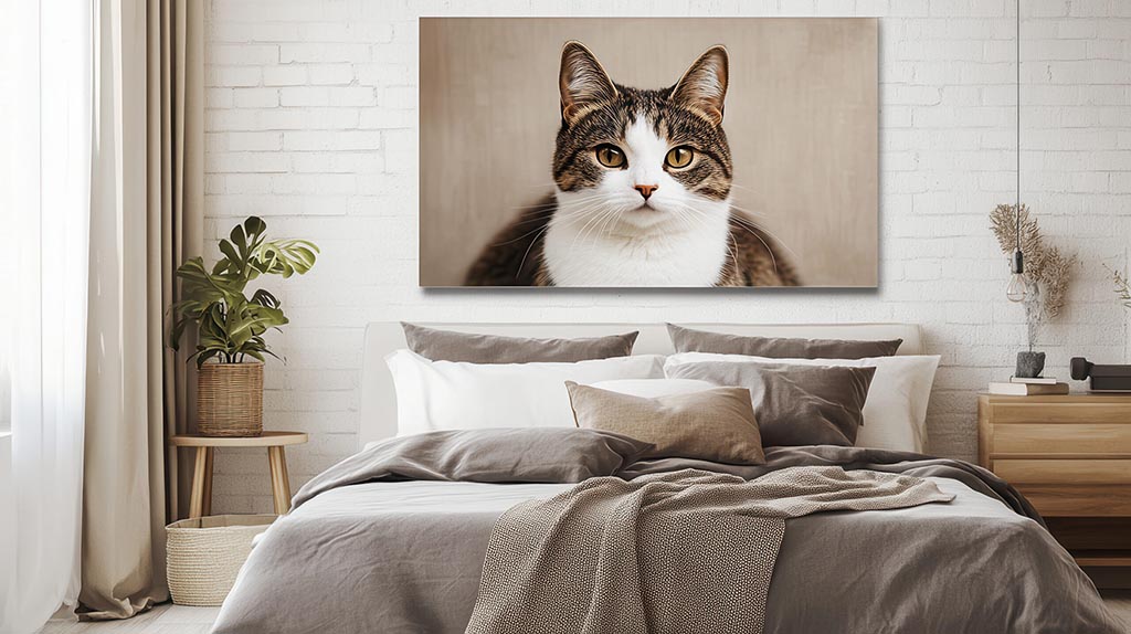 Personalised Canvas Print with Cat Photo Above Pet Custom canvas print with a cat photo hanging above a pet in a home setting