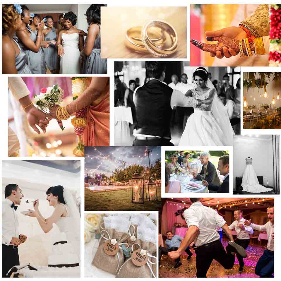 Collection of wedding photos featuring ceremony highlights, couple portraits, and wedding celebration memories arranged together.