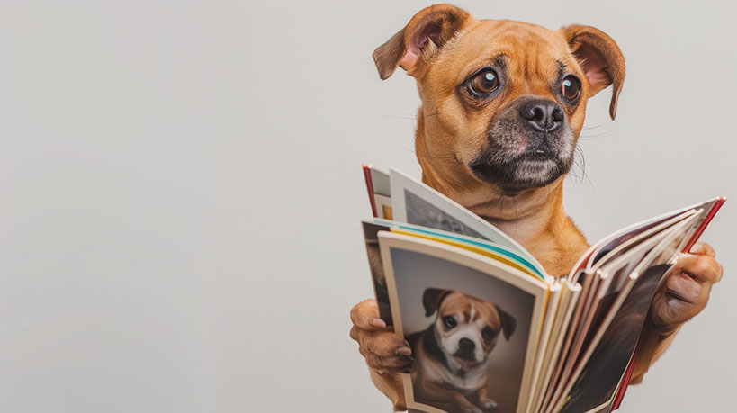 Dog looking at personalised photobooks featuring pet photos and memory albums