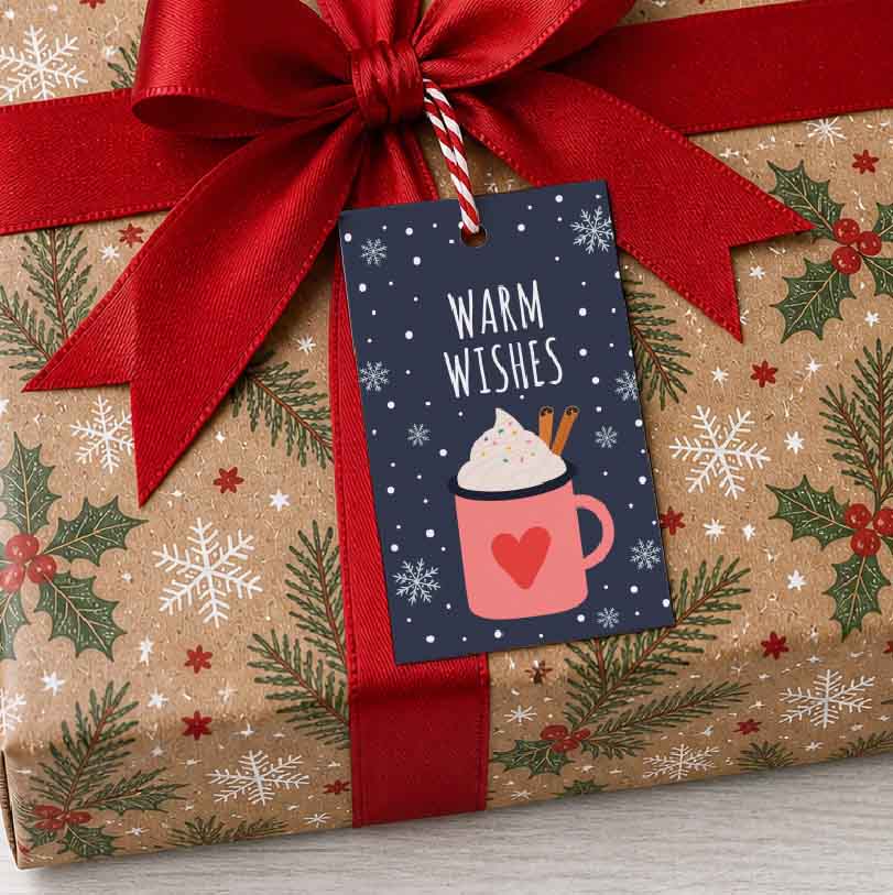 Holiday gift tags attached to a wrapped present for festive gifting