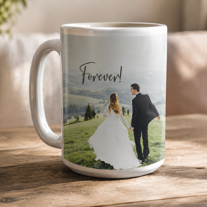 Jumbo white ceramic mug with personalised wedding photo print gift for couples and celebrations
