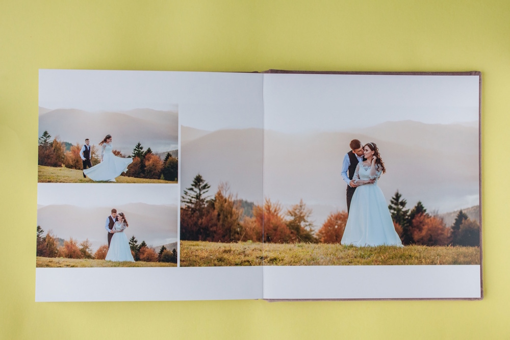 Layflat Wedding Photobook – Premium Wedding Photo Shoot Album Layflat wedding photobook displaying a wedding photo shoot album with seamless page spread