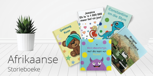 Collection of personalised Afrikaans kids storybooks featuring custom children’s names in illustrated storybook covers for educational reading and gifts.