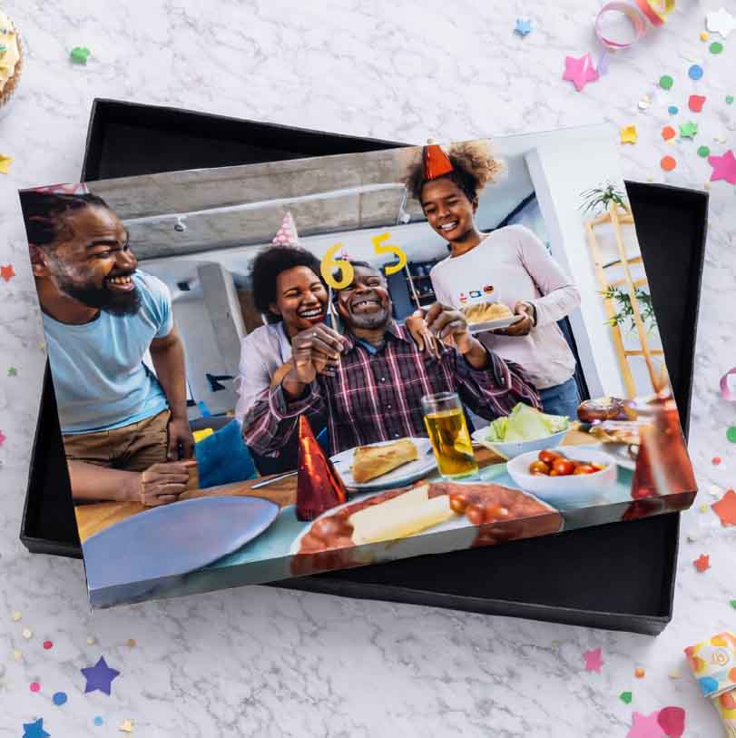 Personalised box with a printed family photo on the lid, suitable for custom gift packaging and keepsakes.