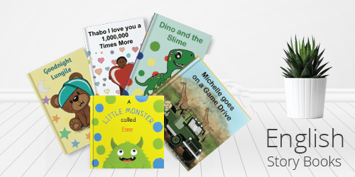 Collection of personalised English kids storybooks featuring custom children’s names in illustrated storybook covers for educational reading and gifts.