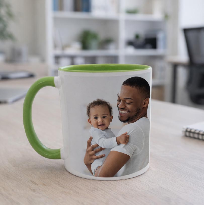 Personalised photo mug with father and son printed on ceramic drinkware gift