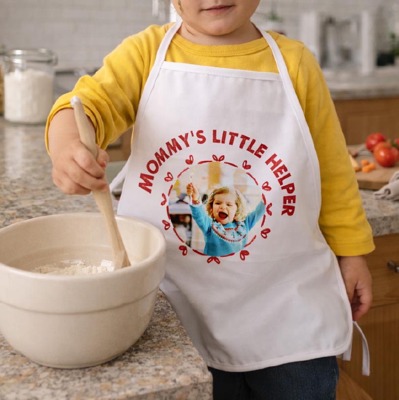Personalised kids apron with funny child photo printed on fabric gift for cooking and creative activities