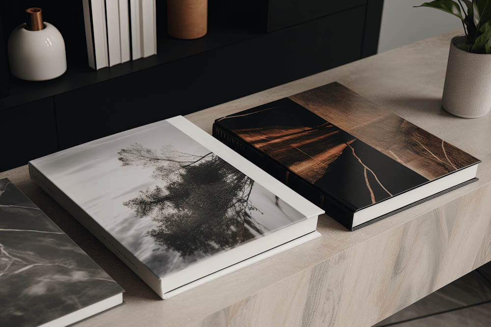 Collection of portrait lay flat photobooks with seamless page spreads, designed for personalised photo albums and premium memory keeping.