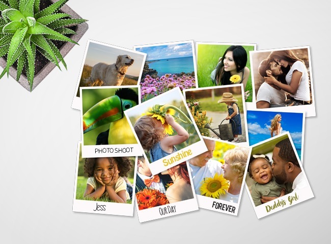 Various retro prints and photobooth strips arranged as a collection of vintage-style photo prints.