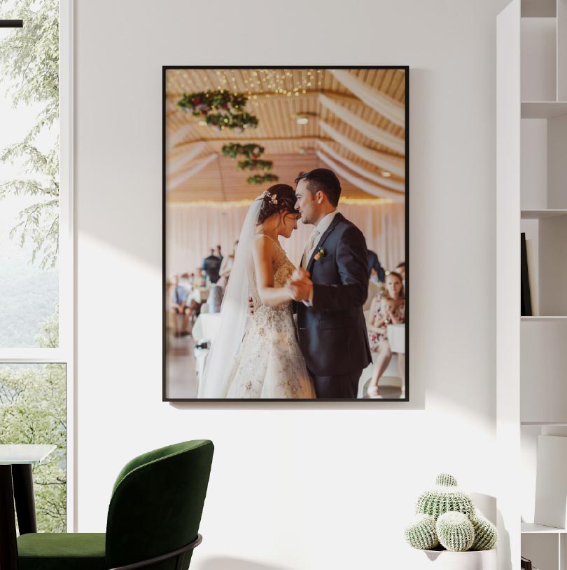 Wall decor block mounted print displaying a wedding photo of a couple, suitable for personalised home decoration.