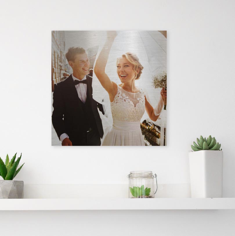 Wall decor brushed silver print displaying a happy wedding couple photo, suitable for personalised home wall art.