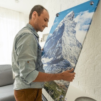 Wall decor perspex print displaying a mountain landscape photo, suitable for contemporary home decoration.