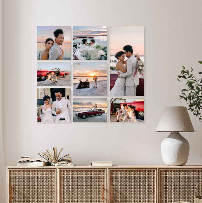 Wall decor photo blocks print displaying multiple wedding photos arranged as personalised wall art.
