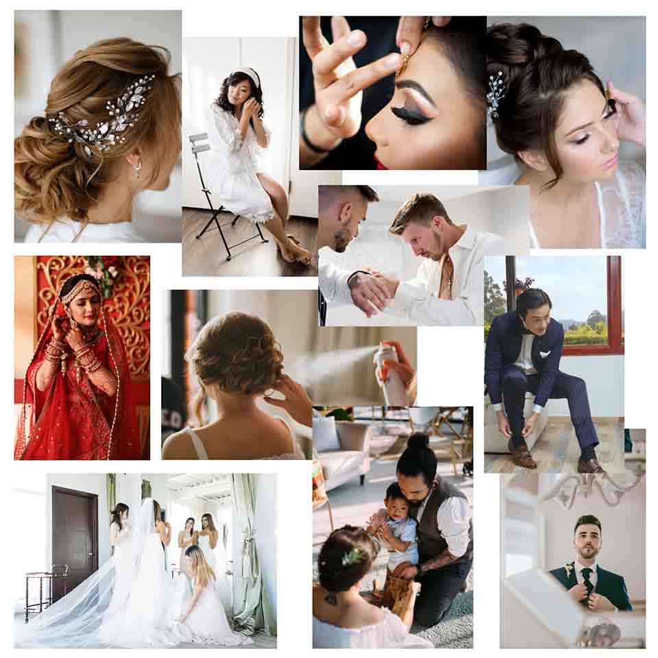 Bride during wedding hair and makeup session with stylist preparing her look before the wedding ceremony.