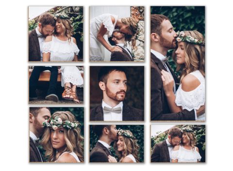 Wedding photos printed on wooden photo blocks arranged as a decorative display set.