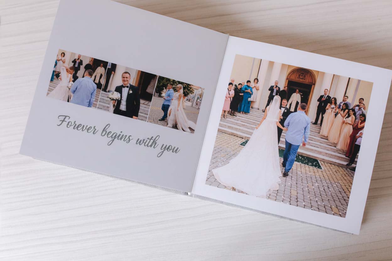 Elegant custom photobook showcasing premium design features including layflat pages, hardcover binding, and high-quality photo printing