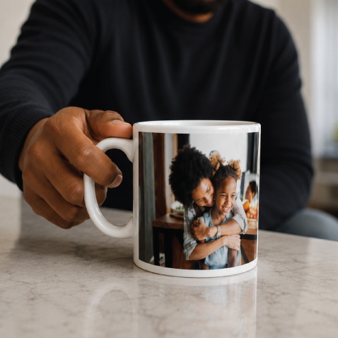 Personalised White Mug with Family Photo Personalised white ceramic mug printed with a family photo, custom photo gift for birthdays, anniversaries and special occasions.